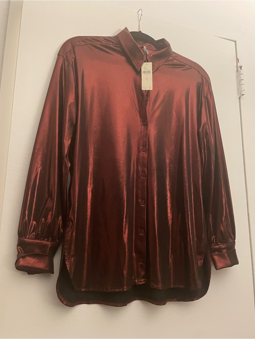 Shiny Liquid Metal like  Button-Up Shirt in Deep Burgundy